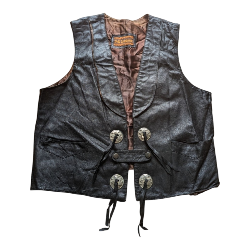 J&A Vintage Vest Black Leather Double Breasted Biker Unisex Good Condition